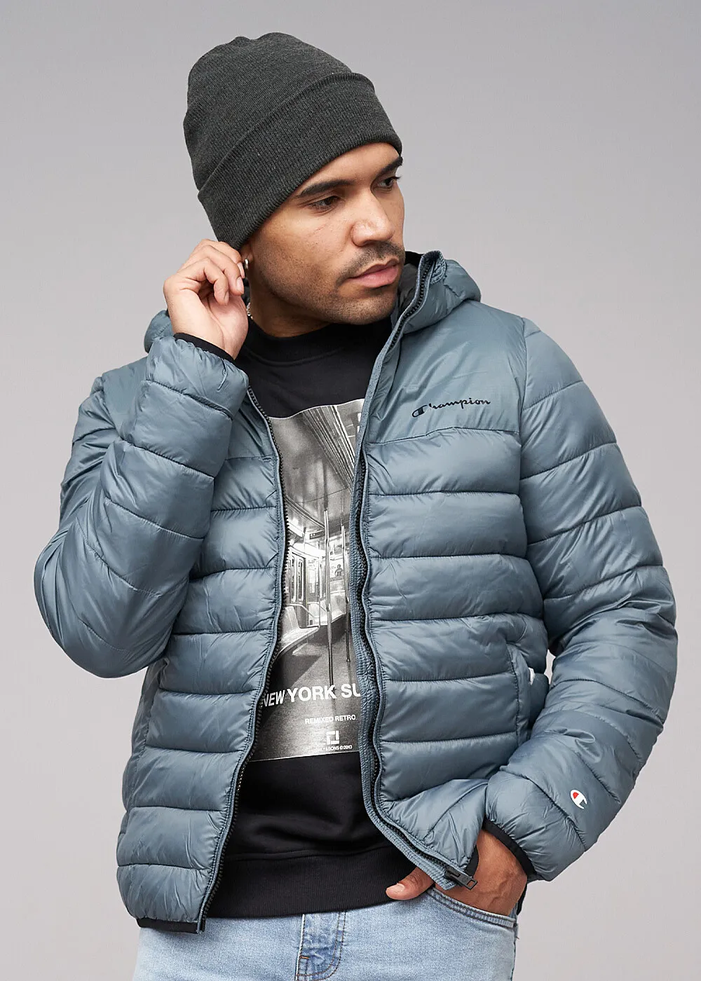 Champion Herren Steppjacke mit Kapuze und 2-Zip-Pockets blau grau