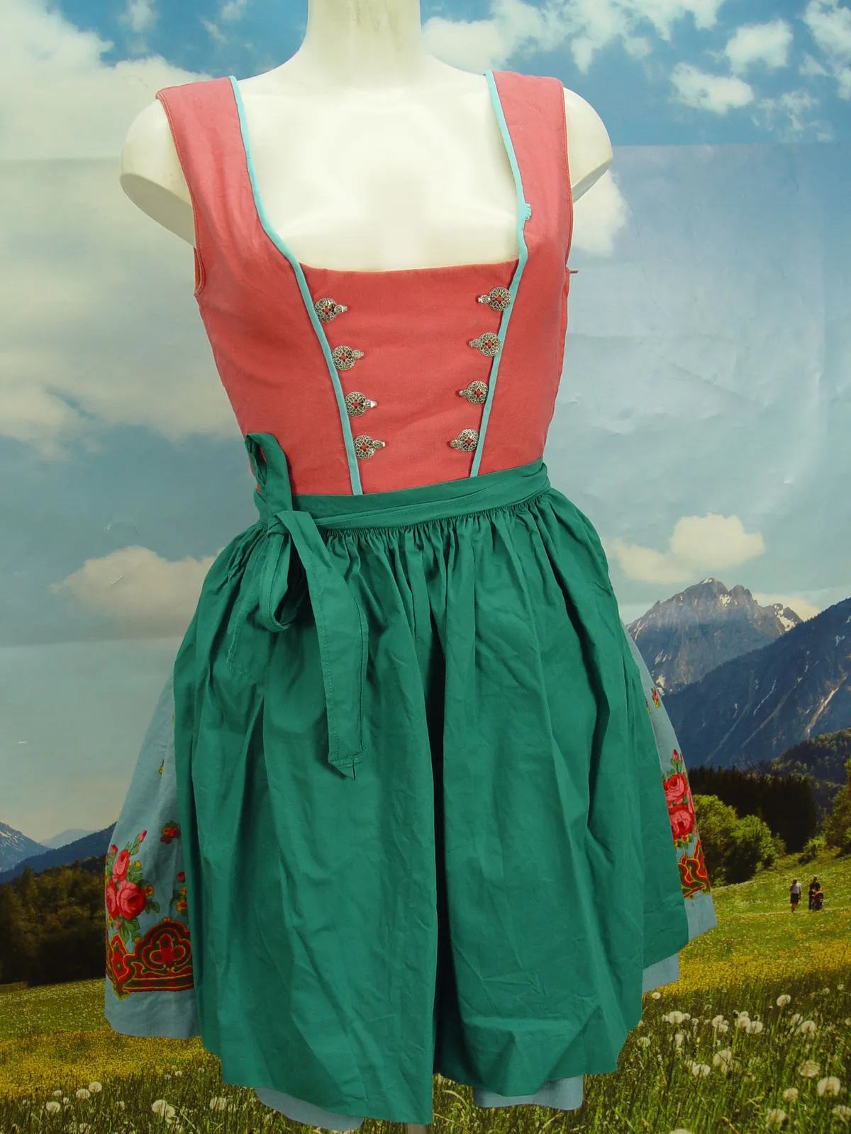 original Vintage 60er Jahre kurzes Minidirndl Rosen Dirndl mit Schürze Gr.36