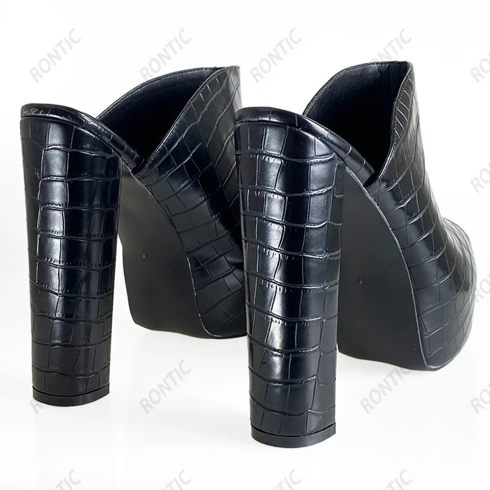 Rontic neue handgefertigte Damen-Slingback-Sandalen, Plateau-Steinmuster, klobige Absätze, offene Zehen, elegante schwarze Party