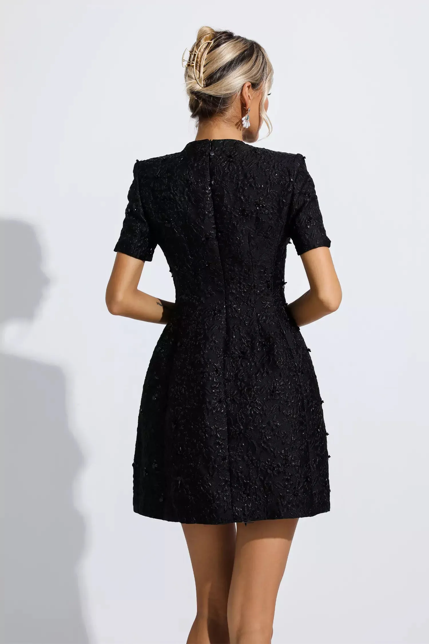 Schwarzes Jacquard Blumen Kleid