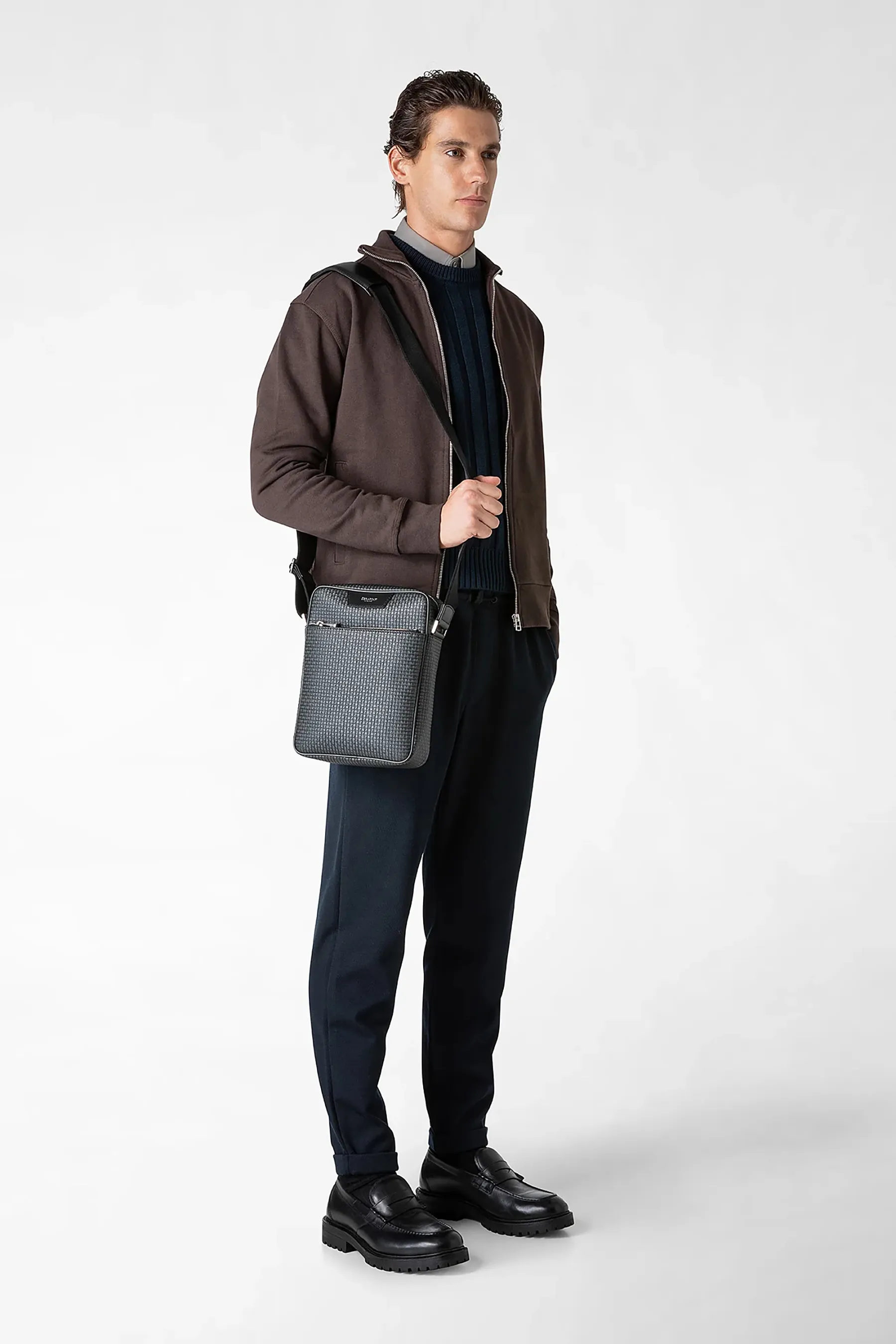SERAPIAN Leather & Stepan Canvas Messenger Bag North South  