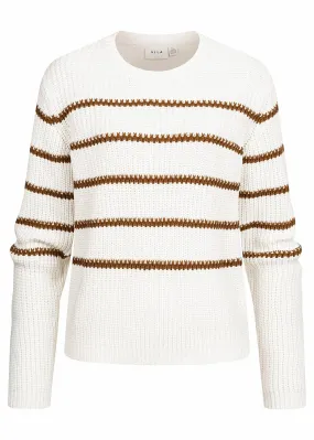 VILA Damen Basic Struktur Strickpullover mit Streifen Muster alyssum weiss braun
